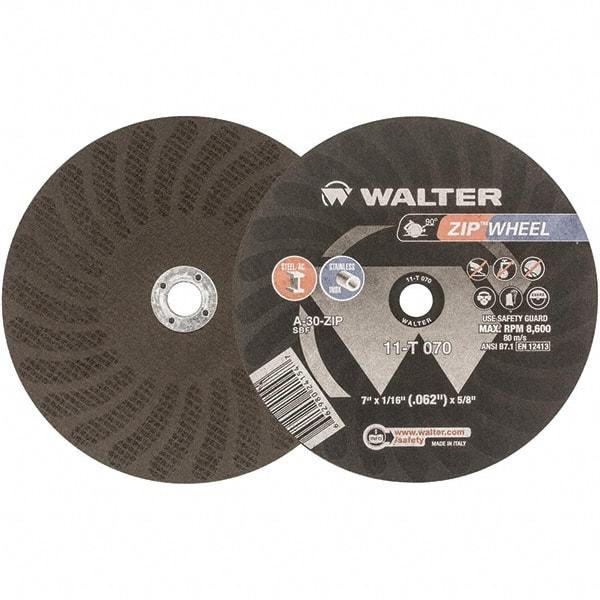 WALTER Surface Technologies - 7" 30 Grit Aluminum Oxide Cutoff Wheel - 1/16" Thick, 5/8" Arbor, 8,600 Max RPM, Use with Circular Saws - Eagle Tool & Supply