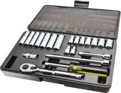 Stanley - 21 Piece 1/4" Drive Chrome Finish Deep Well Socket Set - 6 Points, 3/16" to 1/2" Range, Inch Measurement Standard - Eagle Tool & Supply