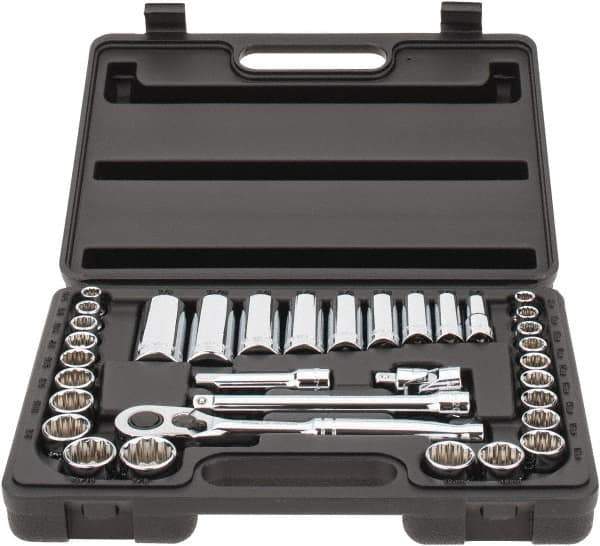 Stanley - 34 Piece 3/8" Drive Chrome Finish Deep Well Socket Set - 12 Points, 5/16" to 7/8" (8mm to 19mm) Range, Inch/Metric Measurement Standard - Eagle Tool & Supply