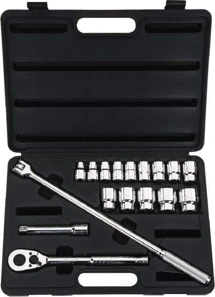 Stanley - 17 Piece 1/2" Drive Chrome Finish Socket Set - 12 Points, 3/8" to 1-1/4" Range, Inch Measurement Standard - Eagle Tool & Supply