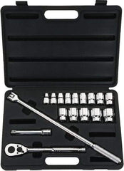 Stanley - 17 Piece 1/2" Drive Chrome Finish Socket Set - 12 Points, 3/8" to 1-1/4" Range, Inch Measurement Standard - Eagle Tool & Supply