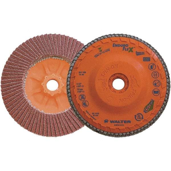 WALTER Surface Technologies - 80 Grit, 4-1/2" Disc Diam, 5/8-11 Center Hole, Zirconia Alumina Flap Disc - 13,300 Max RPM, Plastic Backing, Arbor Attaching System, Coated - Eagle Tool & Supply