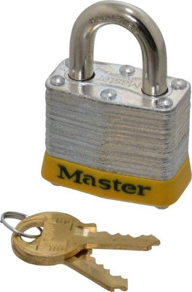 Master Lock - Keyed Different Retaining Key Conductive Lockout Padlock - 3/4" Shackle Clearance, 9/32" Shackle Diam, 1-1/4" Body Height x 1-9/16" Body Width, Yellow, 4 Pins - Eagle Tool & Supply