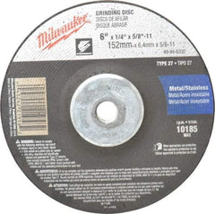 Milwaukee Tool - 24 Grit, 6" Wheel Diam, 1/4" Wheel Thickness, Type 27 Depressed Center Wheel - Aluminum Oxide, Resinoid Bond, R Hardness, 10,185 Max RPM, Compatible with Angle Grinder - Eagle Tool & Supply
