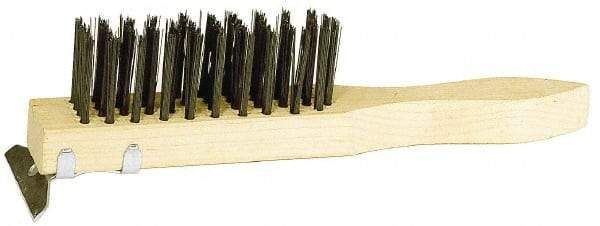 Weiler - 4 Rows x 11 Columns Steel Scratch Brush - 5-1/2" Brush Length, 11-1/2" OAL, 1-1/2" Trim Length, Wood Straight Handle - Eagle Tool & Supply