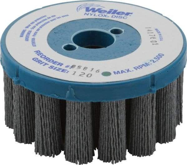 Weiler - 4" 120 Grit Silicon Carbide Crimped Disc Brush - Fine Grade, Plain Hole Connector, 1-1/2" Trim Length, 7/8" Arbor Hole - Eagle Tool & Supply