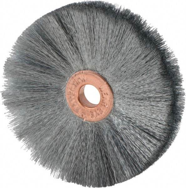 Weiler - 2" OD, 1/4" Arbor Hole, Crimped Steel Wheel Brush - 3/8" Face Width, 3/4" Trim Length, 0.003" Filament Diam, 20,000 RPM - Eagle Tool & Supply