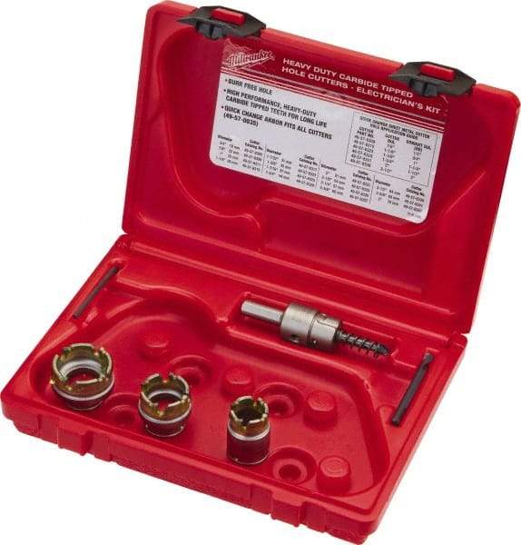 Milwaukee Tool - 5 Piece, 7/8" to 1-3/8" Saw Diam, Electrician's Hole Saw Kit - Carbide-Tipped, Gulleted Edge, Pilot Drill Model No. 49-57-0035, 49-57-0038, Includes 3 Hole Saws - Eagle Tool & Supply