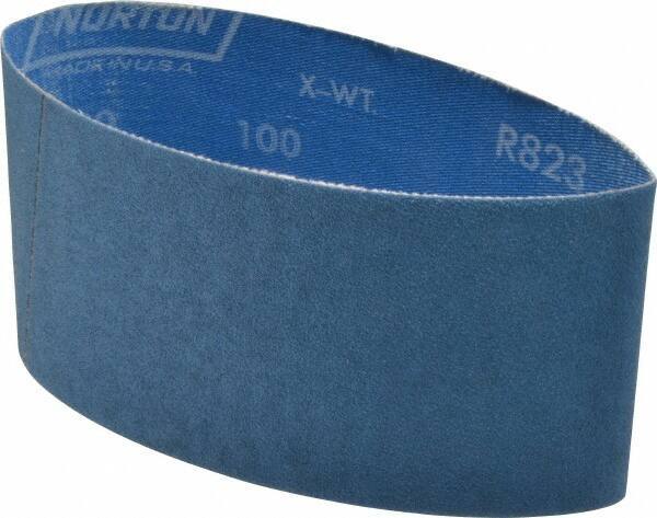 Norton - 3-1/2" Wide x 15-1/2" OAL, 100 Grit, Zirconia Alumina Abrasive Belt - Zirconia Alumina, Fine, Coated, X Weighted Cloth Backing, Series R823 - Eagle Tool & Supply