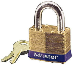 Master Lock - 15/16" Shackle Clearance, Keyed Different Laminated Brass Padlock - 5/16" Shackle Diam, Brass - Eagle Tool & Supply