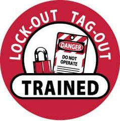 NMC - Lock-Out Tag-Out Trained, Hard Hat Label - Black & White on Red, 2" Thick, For Accident Prevention - Eagle Tool & Supply