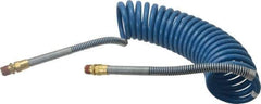 Parker - 3/8" ID, 1/2 x 1/2 Thread, 15' Long, Blue SAE J844 Type B Nylon Coiled & Self Storing Hose - 150 Max psi, Parker NTA Brass Fittings - Eagle Tool & Supply