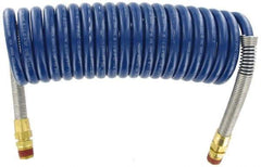 Parker - 3/8" ID, 1/2 x 1/2 Thread, 15' Long, Blue SAE J844 Type B Nylon Coiled & Self Storing Hose - 150 Max psi, Parker NTA Brass Fittings - Eagle Tool & Supply