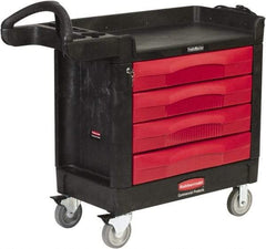 Rubbermaid - 500 Lb Capacity, 2 Shelf, 4 Drawer Mobile Workstation - 18-3/8" Wide x 40-5/8" Deep x 33-3/8" High, High-Density Structural Foam, Black/Red - Eagle Tool & Supply
