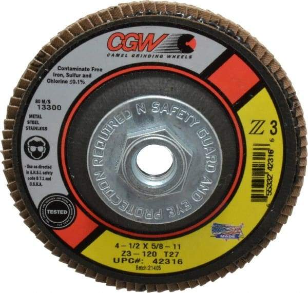 Camel Grinding Wheels - 120 Grit, 4-1/2" Disc Diam, 5/8-11 Center Hole, Type 27 Zirconia Alumina Flap Disc - 13,300 Max RPM, Poly Cotton Backing, Arbor Attaching System, Coated - Eagle Tool & Supply
