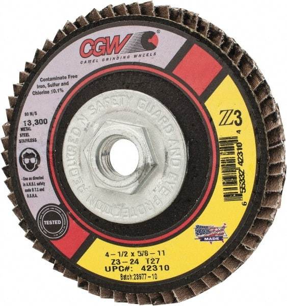 Camel Grinding Wheels - 24 Grit, 4-1/2" Disc Diam, 5/8-11 Center Hole, Type 27 Zirconia Alumina Flap Disc - 13,300 Max RPM, Poly Cotton Backing, Arbor Attaching System, Coated - Eagle Tool & Supply