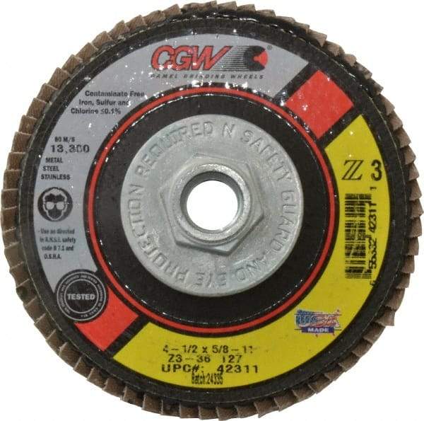 Camel Grinding Wheels - 36 Grit, 4-1/2" Disc Diam, 5/8-11 Center Hole, Type 27 Zirconia Alumina Flap Disc - 13,300 Max RPM, Poly Cotton Backing, Arbor Attaching System, Coated - Eagle Tool & Supply