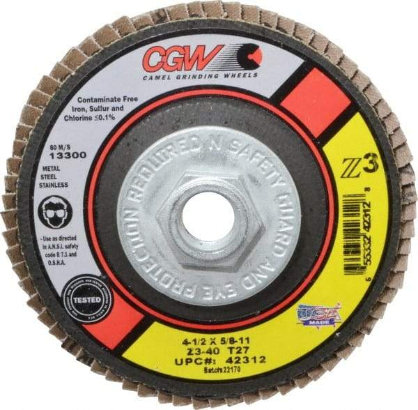 Camel Grinding Wheels - 40 Grit, 4-1/2" Disc Diam, 5/8-11 Center Hole, Type 27 Zirconia Alumina Flap Disc - 13,300 Max RPM, Poly Cotton Backing, Arbor Attaching System, Coated - Eagle Tool & Supply