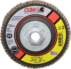 Camel Grinding Wheels - 40 Grit, 4-1/2" Disc Diam, 5/8-11 Center Hole, Type 27 Zirconia Alumina Flap Disc - 13,300 Max RPM, Poly Cotton Backing, Arbor Attaching System, Coated - Eagle Tool & Supply