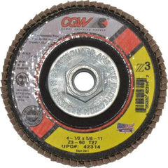 Camel Grinding Wheels - 60 Grit, 4-1/2" Disc Diam, 5/8-11 Center Hole, Type 27 Zirconia Alumina Flap Disc - 13,300 Max RPM, Poly Cotton Backing, Arbor Attaching System, Coated - Eagle Tool & Supply