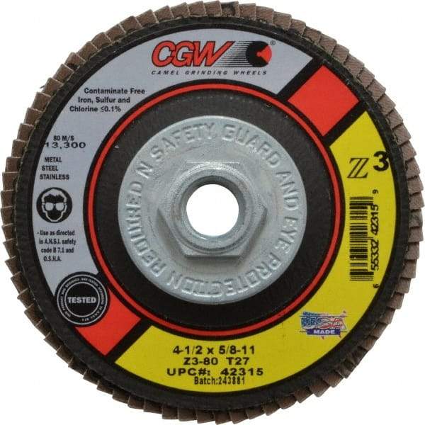 Camel Grinding Wheels - 80 Grit, 4-1/2" Disc Diam, 5/8-11 Center Hole, Type 27 Zirconia Alumina Flap Disc - 13,300 Max RPM, Poly Cotton Backing, Arbor Attaching System, Coated - Eagle Tool & Supply