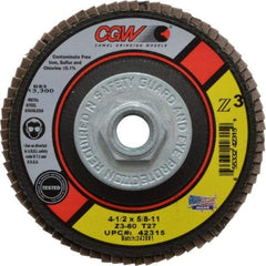 Camel Grinding Wheels - 80 Grit, 4-1/2" Disc Diam, 5/8-11 Center Hole, Type 27 Zirconia Alumina Flap Disc - 13,300 Max RPM, Poly Cotton Backing, Arbor Attaching System, Coated - Eagle Tool & Supply