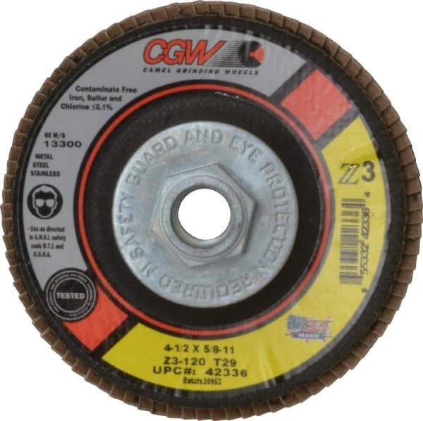 Camel Grinding Wheels - 120 Grit, 4-1/2" Disc Diam, 5/8-11 Center Hole, Type 29 Zirconia Alumina Flap Disc - 13,300 Max RPM, Poly Cotton Backing, Arbor Attaching System, Coated - Eagle Tool & Supply