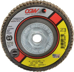 Camel Grinding Wheels - 36 Grit, 4-1/2" Disc Diam, 5/8-11 Center Hole, Type 29 Zirconia Alumina Flap Disc - 13,300 Max RPM, Poly Cotton Backing, Arbor Attaching System, Coated - Eagle Tool & Supply