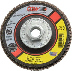 Camel Grinding Wheels - 40 Grit, 4-1/2" Disc Diam, 5/8-11 Center Hole, Type 29 Zirconia Alumina Flap Disc - 13,300 Max RPM, Poly Cotton Backing, Arbor Attaching System, Coated - Eagle Tool & Supply