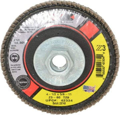 Camel Grinding Wheels - 60 Grit, 4-1/2" Disc Diam, 5/8-11 Center Hole, Type 29 Zirconia Alumina Flap Disc - 13,300 Max RPM, Poly Cotton Backing, Arbor Attaching System, Coated - Eagle Tool & Supply