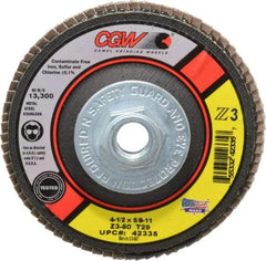 Camel Grinding Wheels - 80 Grit, 4-1/2" Disc Diam, 5/8-11 Center Hole, Type 29 Zirconia Alumina Flap Disc - 13,300 Max RPM, Poly Cotton Backing, Arbor Attaching System, Coated - Eagle Tool & Supply