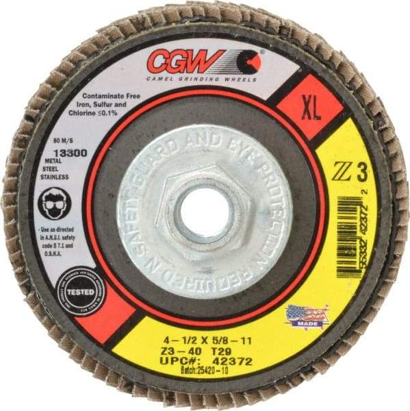 Camel Grinding Wheels - 40 Grit, 4-1/2" Disc Diam, 5/8-11 Center Hole, Type 29 Zirconia Alumina Flap Disc - 13,300 Max RPM, Poly Cotton Backing, Arbor Attaching System, Coated - Eagle Tool & Supply