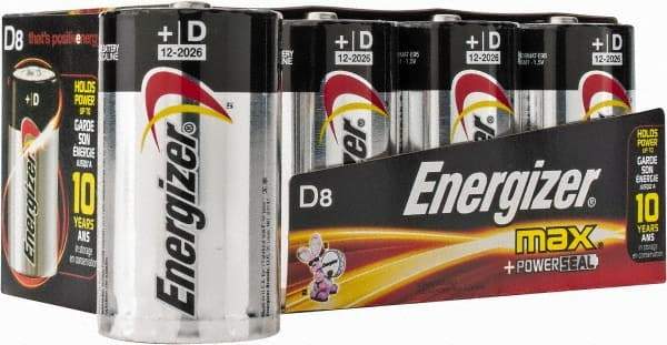 Energizer - Size D, Alkaline, 8 Pack, Standard Battery - 1.5 Volts, Flat Terminal, LR20, ANSI, IEC Regulated - Eagle Tool & Supply