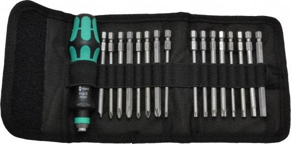 Wera - 17 Piece, 1/4" Drive Screwdriver Power Bit Set - #1, #2 & #3 Phillips, 3 to 6mm Hex, Tamperproof TR10 to TR30 Torx, #1, #2 & #3 Pozidriv, 1.0x5.5mm Slotted - Eagle Tool & Supply