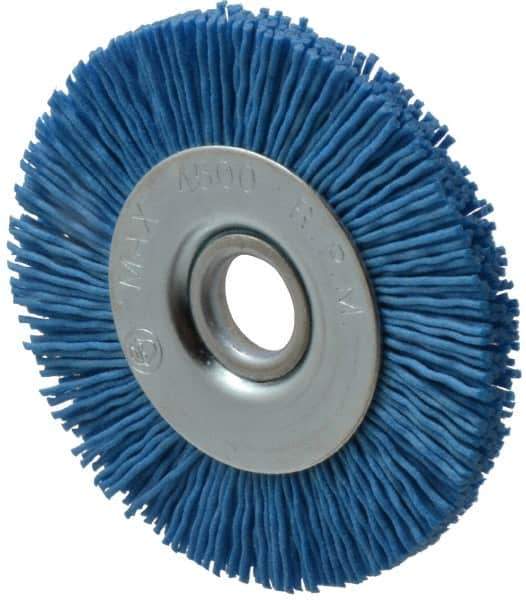 Value Collection - 3" OD, 1/2" Shank Diam, 1/2" Arbor Hole, Crimped Nylon Wheel Brush - 3/8" Face Width, 5/16" Trim Length, 4,500 RPM - Eagle Tool & Supply