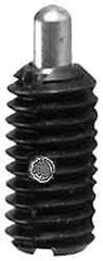 Jergens - 8-32, 1/2" Thread Length, 3/32" Plunger Projection, Steel Threaded Spring Plunger - 0.07" Max Plunger Diam, 1/2" Plunger Length, 0.5 Lb Init End Force, 2 Lb Final End Force - Eagle Tool & Supply