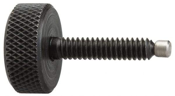 Jergens - 3/8-16 Knurled Shoulderless Swivel Pad Tip Grade 1215 Steel Thumb Screw - 2-7/16" OAL, 1-1/4" Head Diam x 7/16" Head Height, Black Oxide Finish - Eagle Tool & Supply