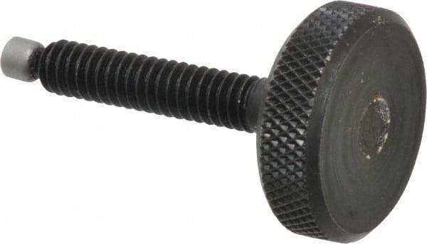 Jergens - 1/4-20 Knurled Shoulderless Swivel Pad Tip Grade 1215 Steel Thumb Screw - 1-13/16" OAL, 1" Head Diam x 5/16" Head Height, Black Oxide Finish - Eagle Tool & Supply