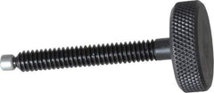 Jergens - 1/4-20 Knurled Shoulderless Swivel Pad Tip Grade 1215 Steel Thumb Screw - 2-5/16" OAL, 1" Head Diam x 5/16" Head Height, Black Oxide Finish - Eagle Tool & Supply