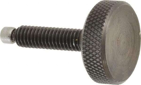 Jergens - 5/16-18 Knurled Shoulderless Swivel Pad Tip Grade 1215 Steel Thumb Screw - 1-7/8" OAL, 1-1/8" Head Diam x 3/8" Head Height, Black Oxide Finish - Eagle Tool & Supply