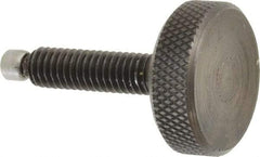 Jergens - 5/16-18 Knurled Shoulderless Swivel Pad Tip Grade 1215 Steel Thumb Screw - 1-7/8" OAL, 1-1/8" Head Diam x 3/8" Head Height, Black Oxide Finish - Eagle Tool & Supply