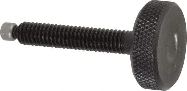 Jergens - 5/16-18 Knurled Shoulderless Swivel Pad Tip Grade 1215 Steel Thumb Screw - 2-3/8" OAL, 1-1/8" Head Diam x 3/8" Head Height, Black Oxide Finish - Eagle Tool & Supply