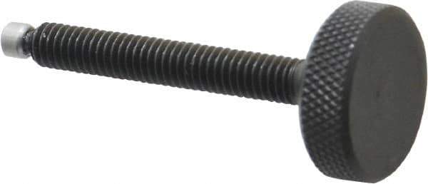 Jergens - 5/16-18 Knurled Shoulderless Swivel Pad Tip Grade 1215 Steel Thumb Screw - 2-7/8" OAL, 1-1/8" Head Diam x 3/8" Head Height, Black Oxide Finish - Eagle Tool & Supply