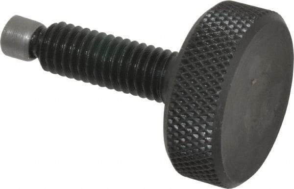 Jergens - 3/8-16 Knurled Shoulderless Swivel Pad Tip Grade 1215 Steel Thumb Screw - 1-15/16" OAL, 1-1/4" Head Diam x 7/16" Head Height, Black Oxide Finish - Eagle Tool & Supply