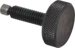 Jergens - 3/8-16 Knurled Shoulderless Swivel Pad Tip Grade 1215 Steel Thumb Screw - 1-15/16" OAL, 1-1/4" Head Diam x 7/16" Head Height, Black Oxide Finish - Eagle Tool & Supply
