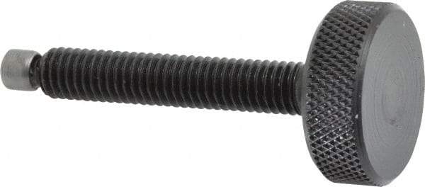 Jergens - 3/8-16 Knurled Shoulderless Swivel Pad Tip Grade 1215 Steel Thumb Screw - 2-15/16" OAL, 1-1/4" Head Diam x 7/16" Head Height, Black Oxide Finish - Eagle Tool & Supply