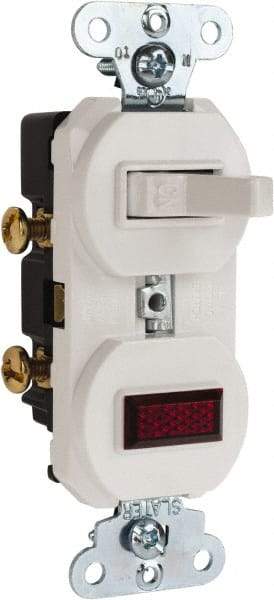 Pass & Seymour - 1 Pole, 120/125 VAC, 15 Amp, Flush Mounted, Ungrounded, Tamper Resistant Combination Switch with Pilot Light - NonNEMA Configuration, 1 Switch, Side Wiring, UL Listed 20 498 Standard - Eagle Tool & Supply