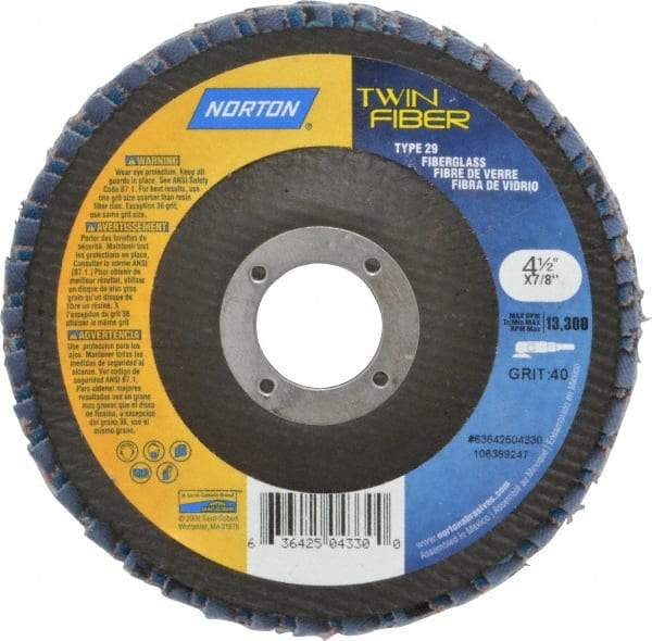 Norton - 40 Grit, 4-1/2" Disc Diam, 7/8" Center Hole, Type 29 Ceramic Flap Disc - 13,000 Max RPM, Fiberglass Backing, Arbor Attaching System, Coated - Eagle Tool & Supply