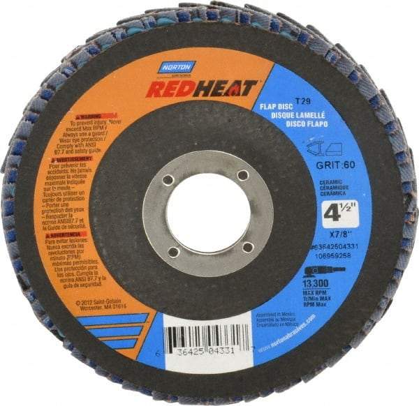Norton - 60 Grit, 4-1/2" Disc Diam, 7/8" Center Hole, Type 29 Ceramic Flap Disc - 13,000 Max RPM, Fiberglass Backing, Arbor Attaching System, Coated - Eagle Tool & Supply