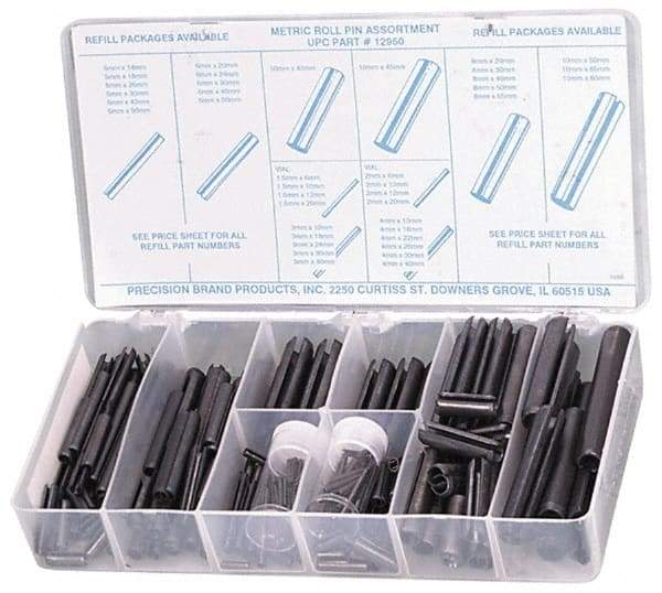 Precision Brand - 287 Piece, 1.5 to 10mm Pin Diam, Spring Pin Assortment - 1.5 to 80mm Long, Steel - Eagle Tool & Supply